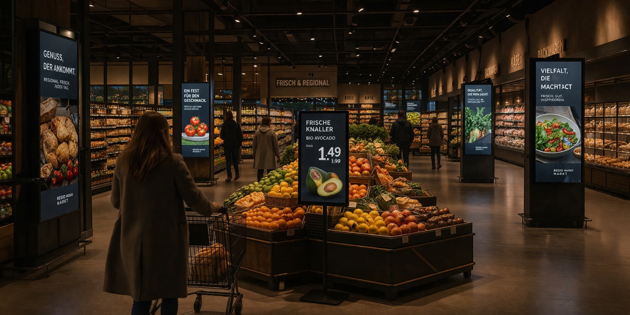 Retail-Media-Umfeld mit digitalen Displays im Supermarkt