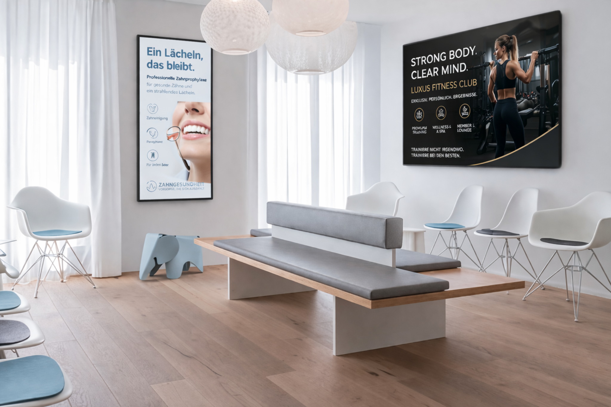 Modernes Wartezimmer mit digitalen Displays