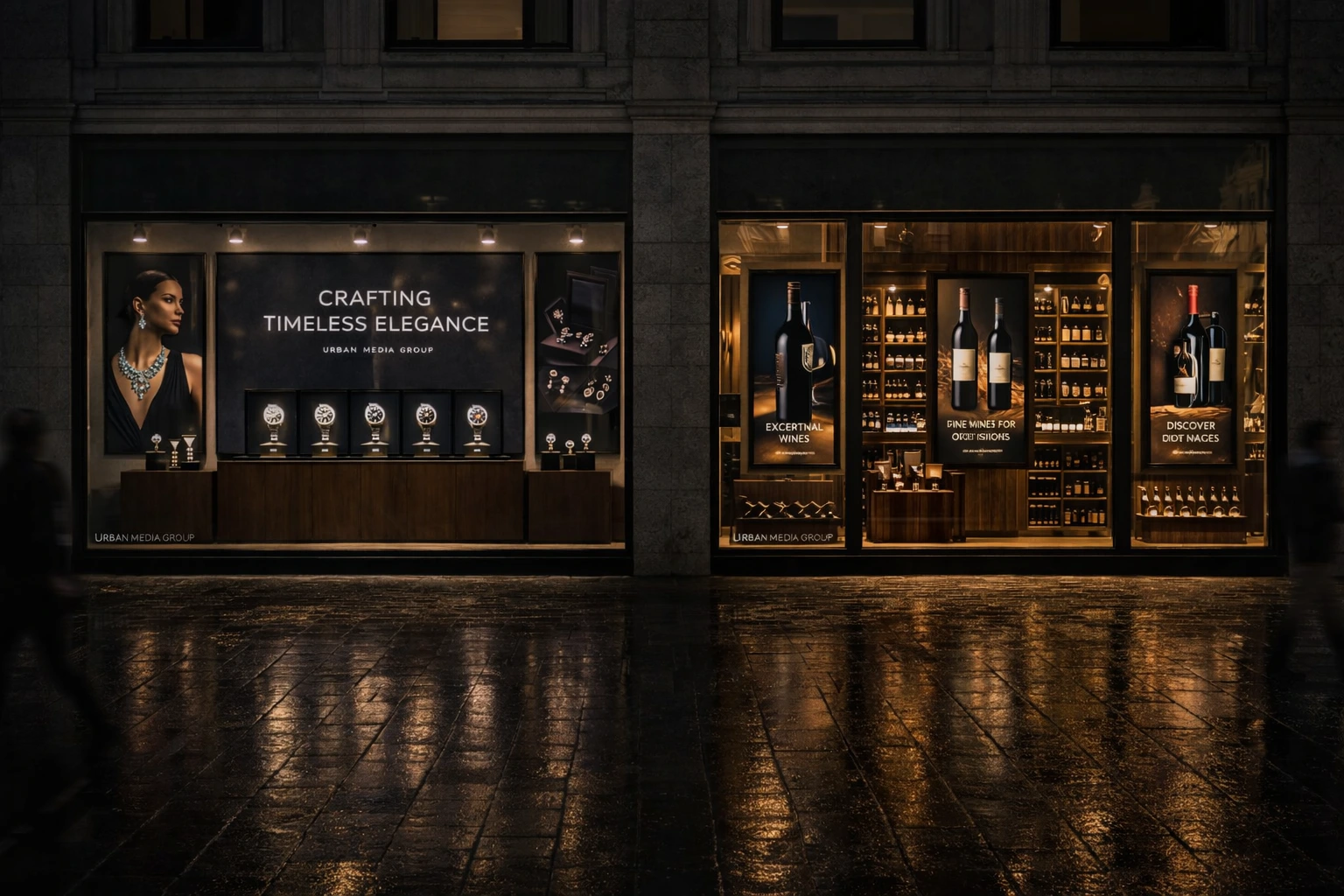 Zwei hochwertige Schaufenster mit digitalen Displays für Schmuck und Wein im urbanen Abendumfeld