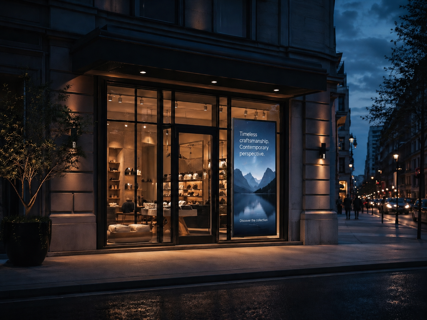 Aktivierte Fläche mit hochwertigem Digital-Signage-Screen in urbanem Premium-Umfeld