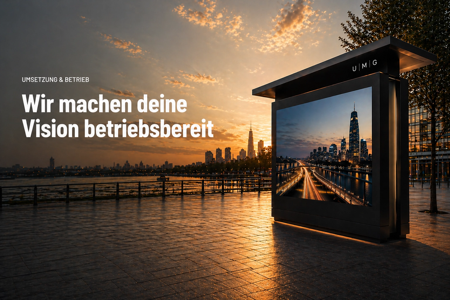 Headerbild für Umsetzung und Betrieb mit hochwertigem Stadtmotiv und Urban Media Group Signage