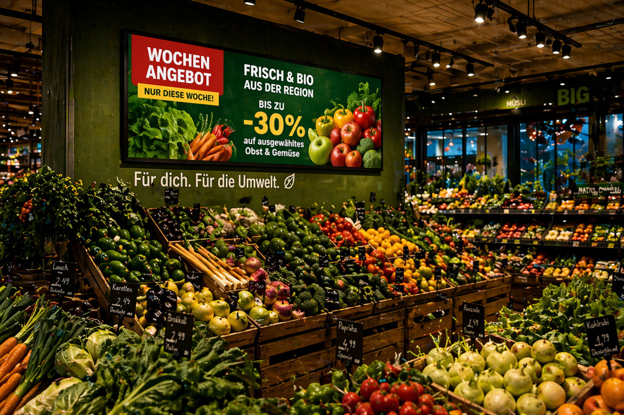 Bio-Markt Obst- und Gemüsebereich mit regionalem Sortiment