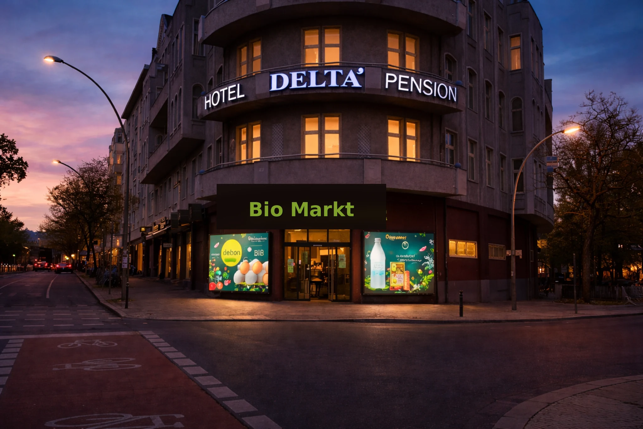 Bio-Markt am Abend mit digitalen Schaufensterflächen