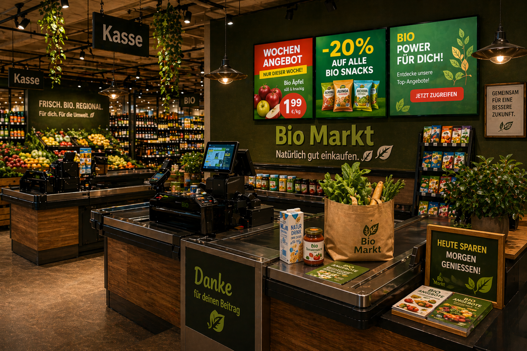 Bio-Markt Kassenbereich mit hochwertiger Instore-Kommunikation