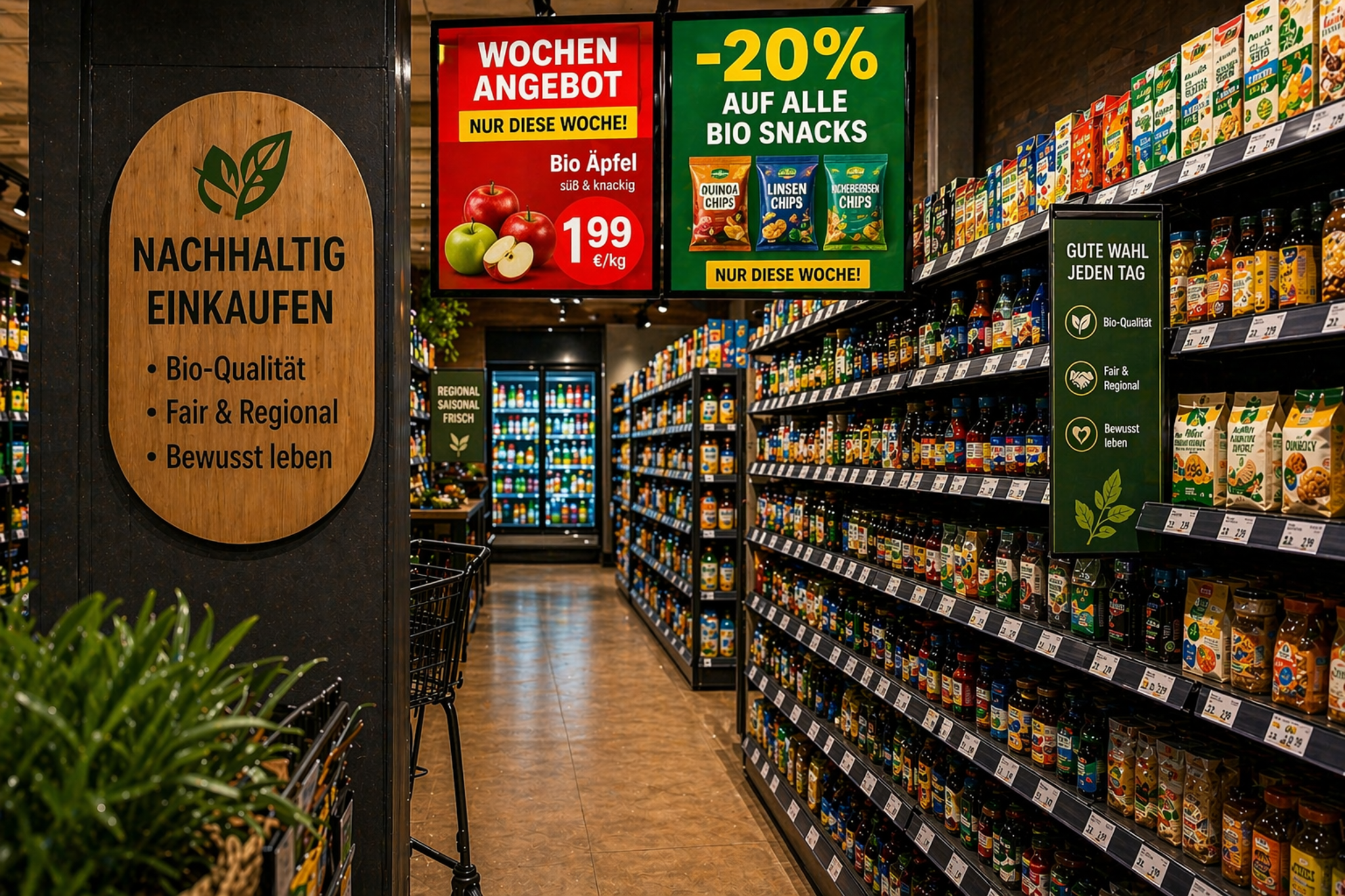 Bio-Markt Regalfläche mit nachhaltiger Sortimentskommunikation