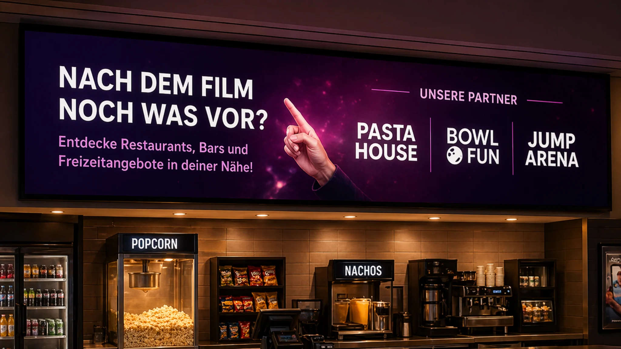 Partner- und Freizeitwerbung im Kino-Gastrobereich