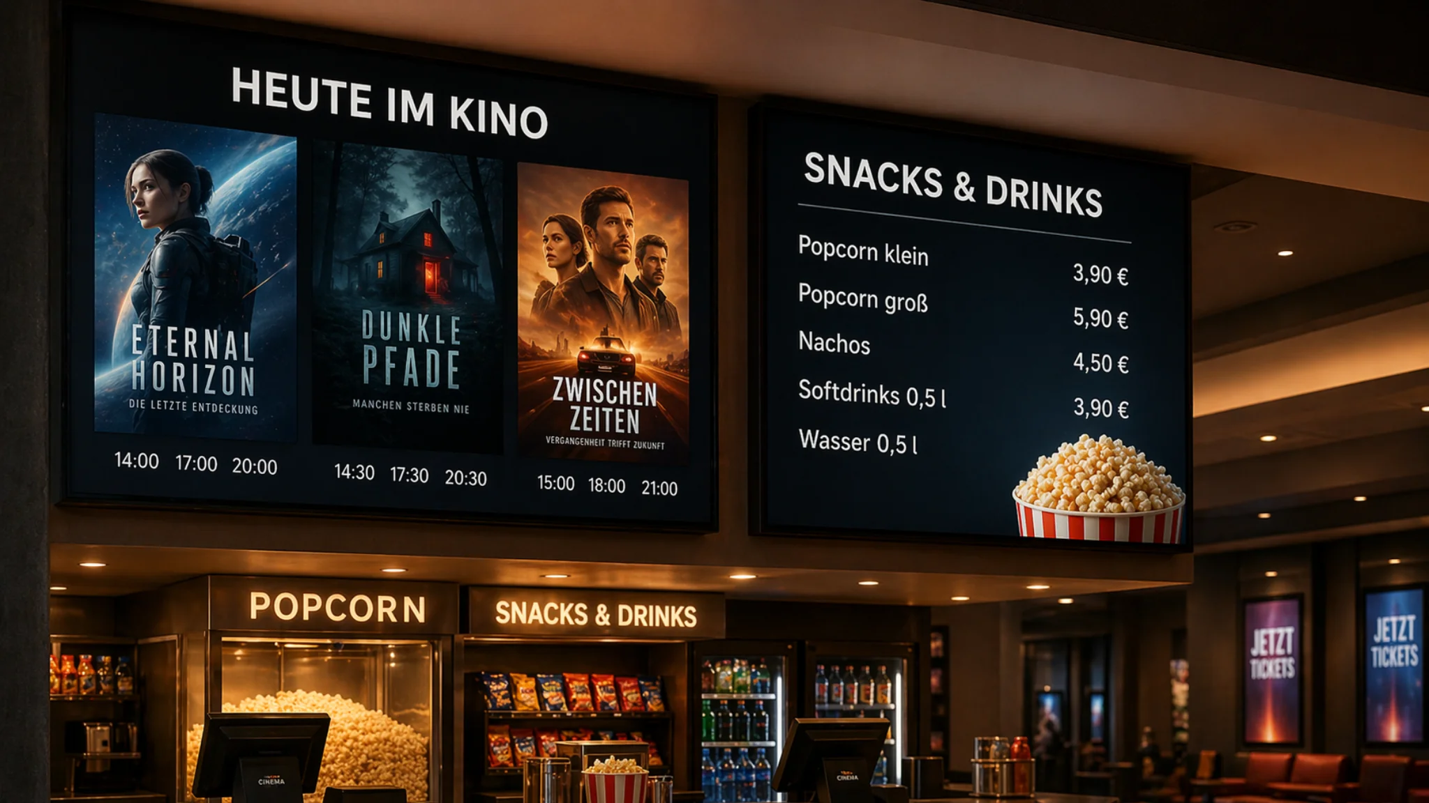 Kino-Foyer mit Filmprogramm und Snack-Kommunikation