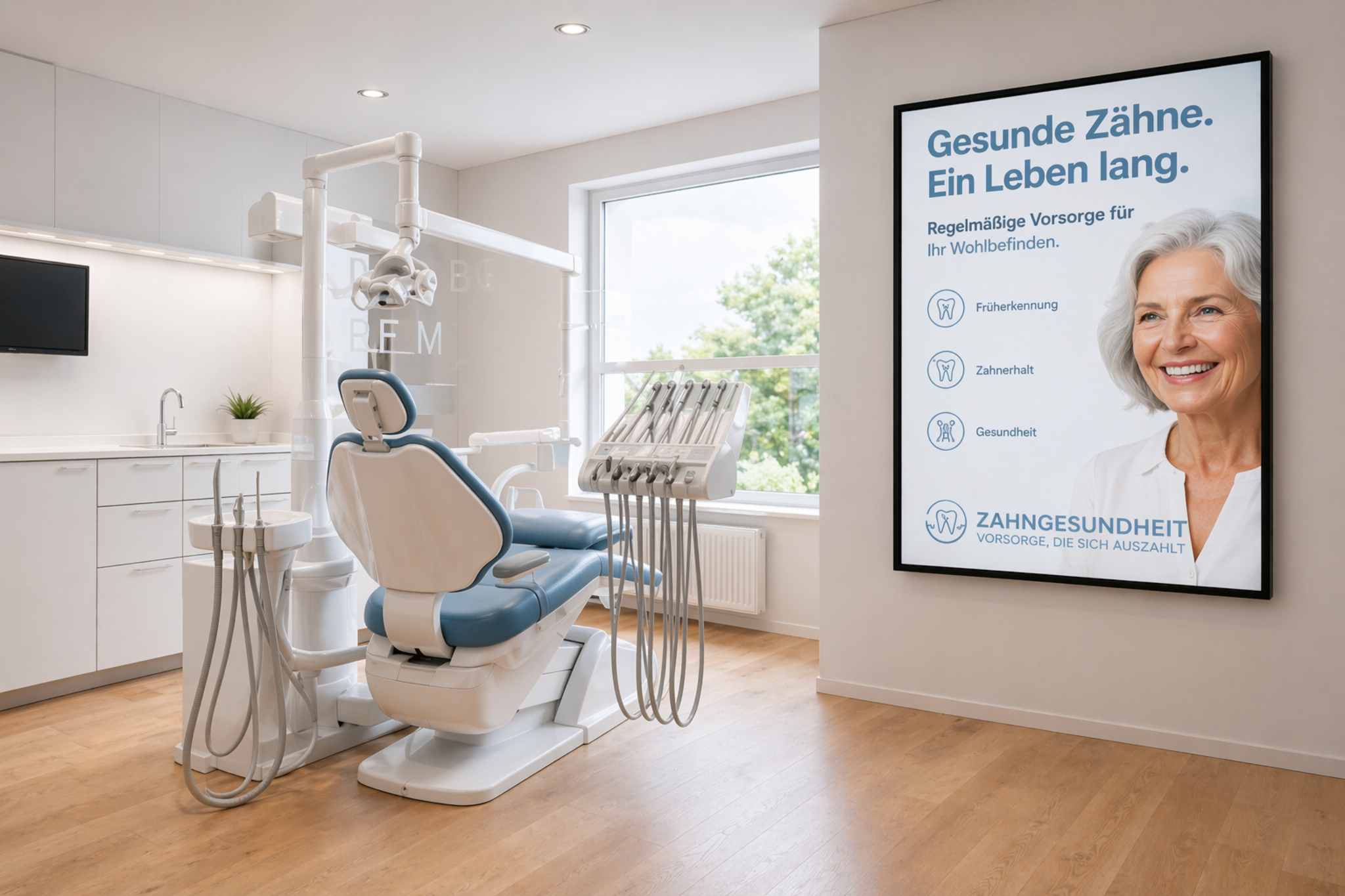 Heller Behandlungsraum mit digitalem Screen für Zahngesundheit