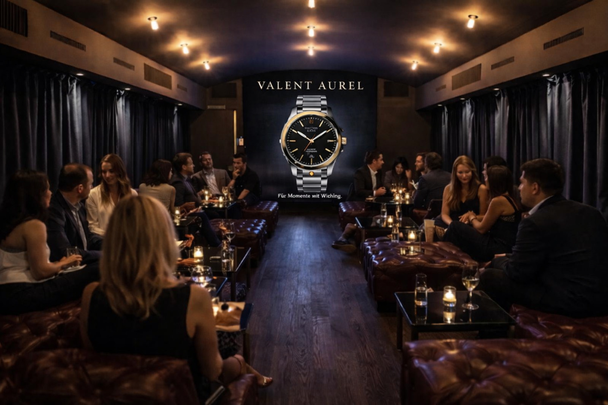 Lounge-Atmosphäre mit Luxuswerbung auf einem Display