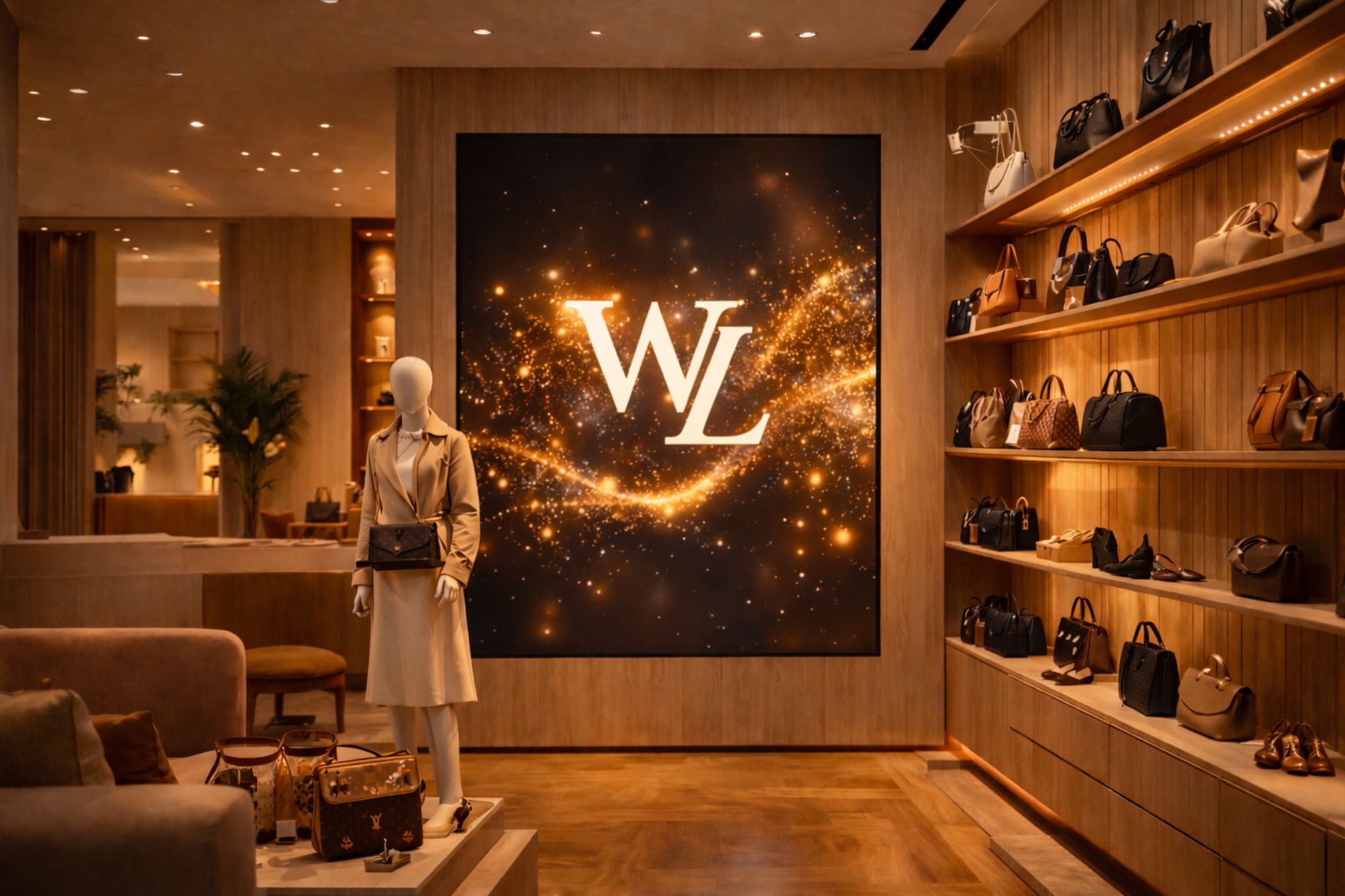 Elegantes Luxusgeschäft mit Handtaschen und großem Display