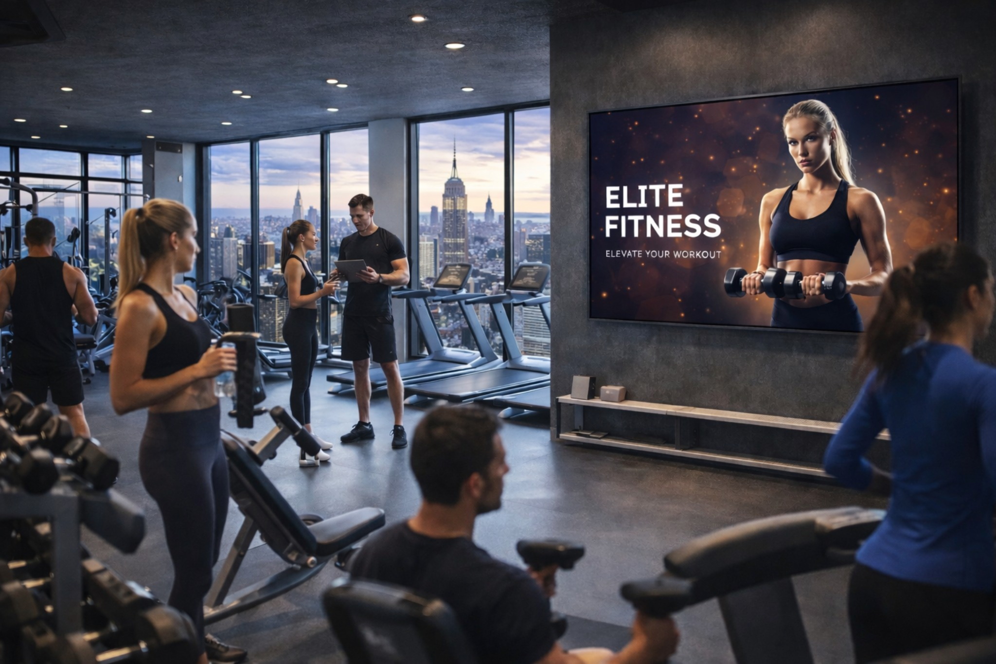 DOOH-Werbung auf einem Display im Premium-Fitnessstudio